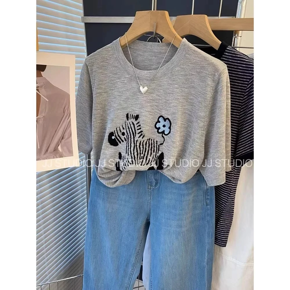 【竹节麻】夏季新款韩版宽松休闲时尚斑马印花短袖女时尚洋气上衣