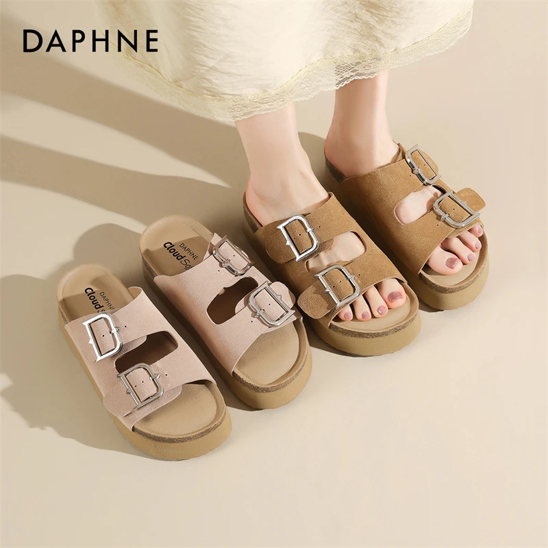 达芙妮2025女士夏季时尚百搭复古舒适简约露趾圆头厚底休闲凉拖鞋