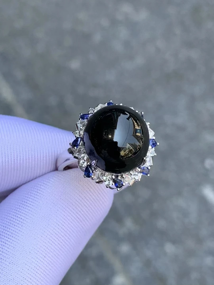 天然缅甸翡翠A货冰种墨翠蛋面女士戒指18k白金镶嵌简约时尚款