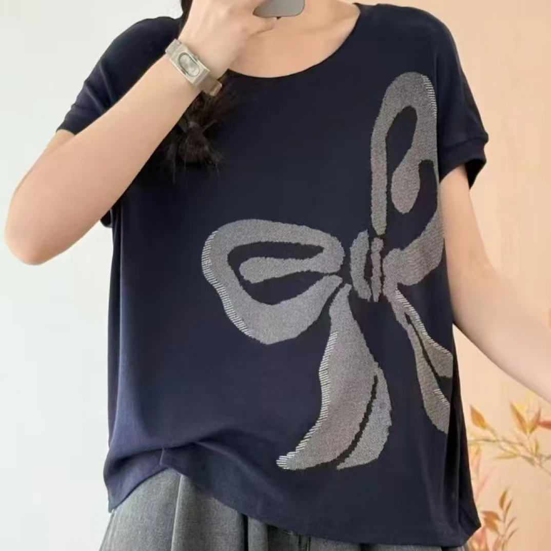樱桃家新款蝴蝶结印花短袖针织T恤减龄舒适妈妈装上衣