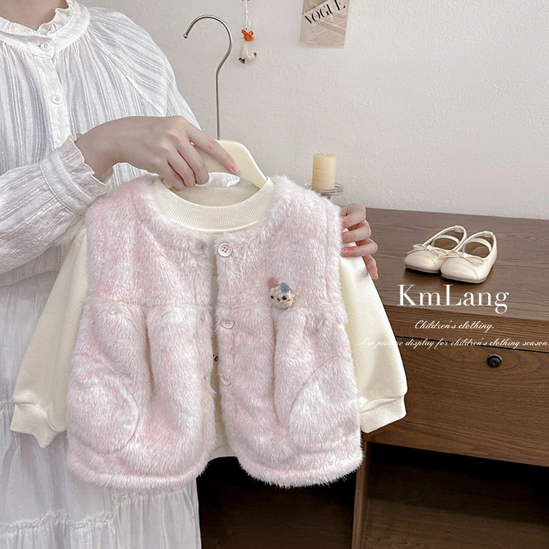 女童秋冬上衣2025新款洋气卡通加绒卫衣粉色兔耳朵毛毛马甲两件套