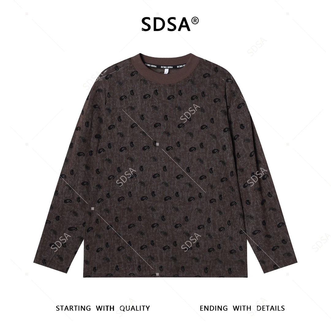 SDSA男士秋冬新款轻奢痞帅男装抽象植物满印圆领长袖T恤简约舒适