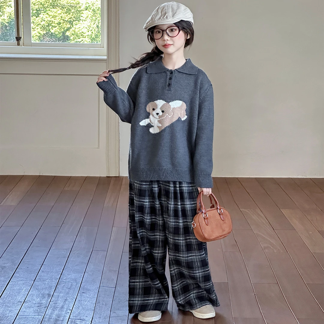 女童秋季套装2025新款女大童秋装韩系毛衣上衣格子阔腿裤两件套潮