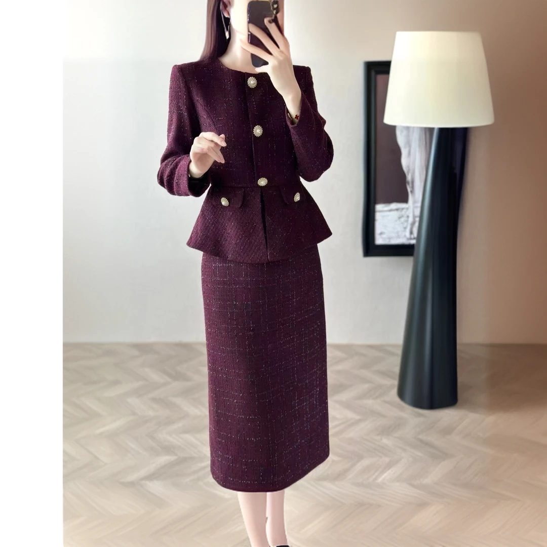 2024秋冬新款假两件套小香风亮丝高定粗纺显瘦修身名媛气质连衣裙