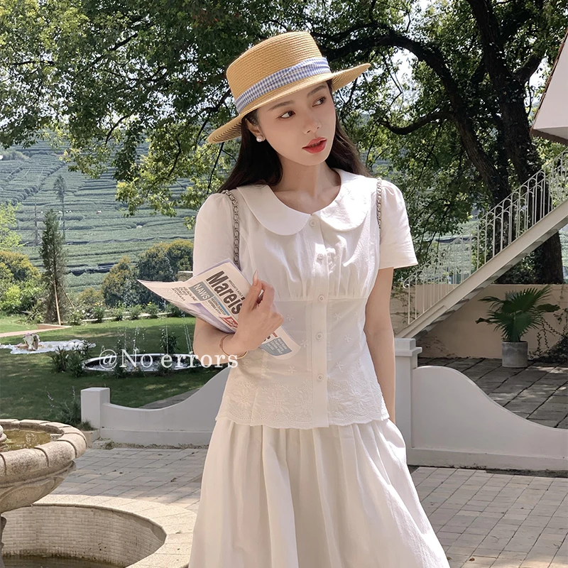 现货不出错No errors【夏日来信】重工刺绣收腰衬衫半裙套装 B625A0