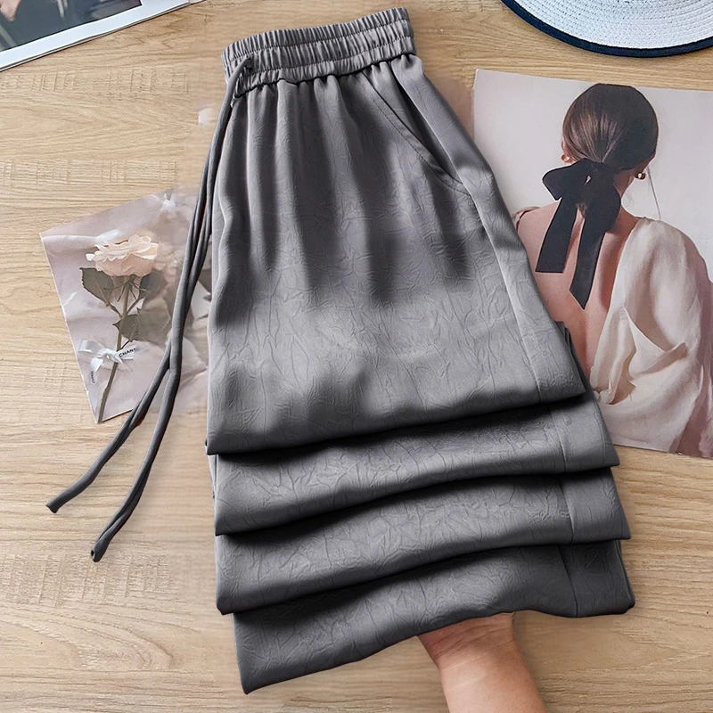 拉夏贝尔高级灰醋酸阔腿裤女2025夏季薄款印花高腰显瘦直筒裤