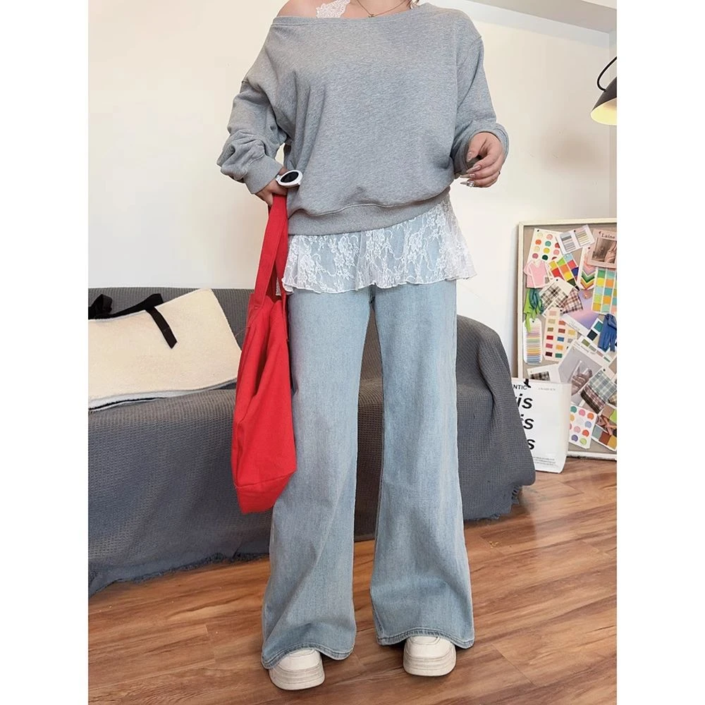 V CX5299 胖mm2025春季高腰高弹力阔腿微喇牛仔裤拖地裤