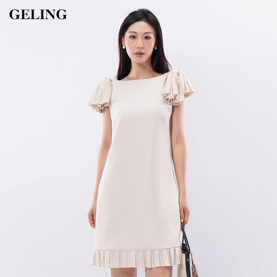 GELING/歌&玲夏季修身气质肩衬压折花圆领优雅连衣裙G501M166L