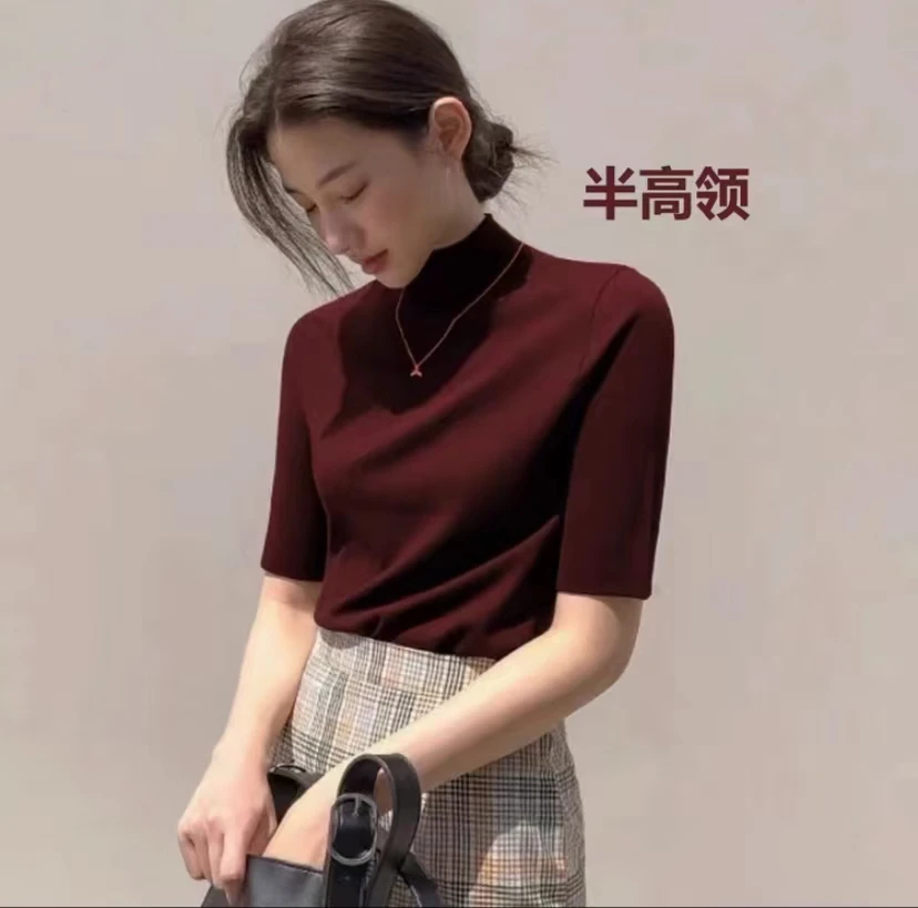 2025早秋新款小立领纯色半高领气质五分袖内搭T恤显瘦打底衫百搭