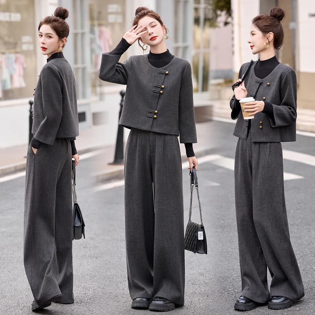 新中式复古盘扣毛呢套装女2025秋冬新款洋气减龄高腰阔腿裤两件套