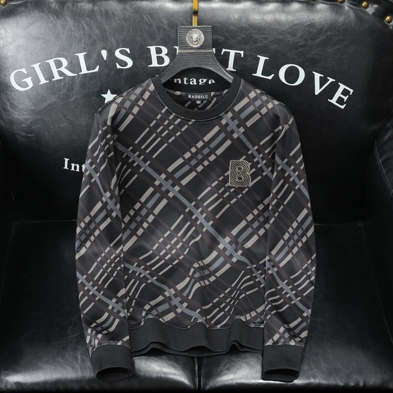 希敦纽勒欧货字母刺绣格子时尚潮牌套头卫衣男秋冬季休闲打底衫