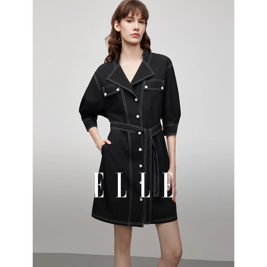 ELLE法式设计感翻领牛仔连衣裙2025夏季新款宽松休闲裙子EL51257