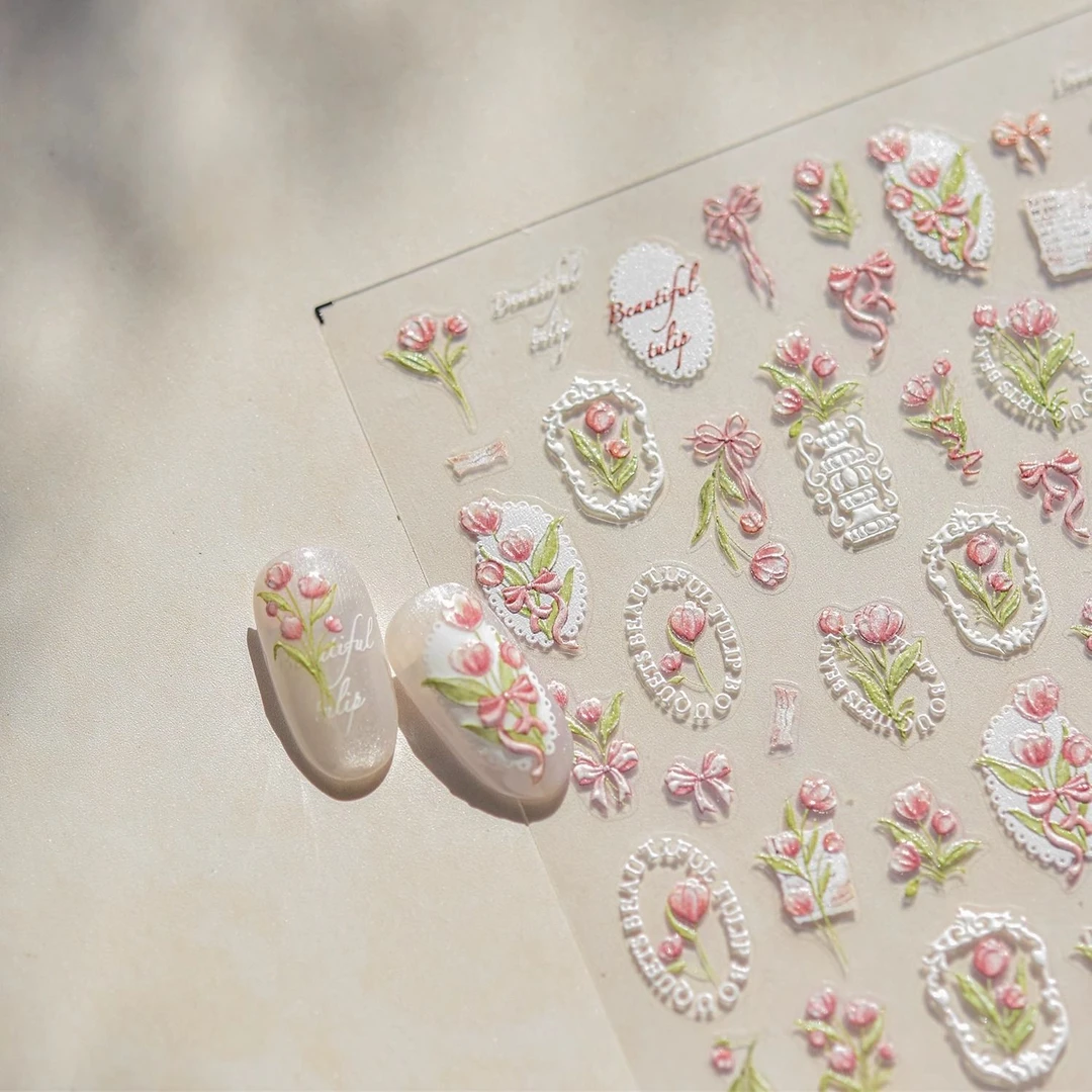ins春日郁金香高感浮雕美甲贴纸镂空唯美系列学生防水指3D甲贴纸