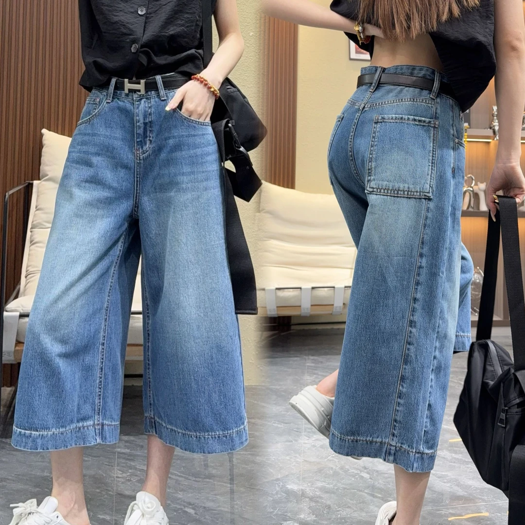 2025夏街头复古百搭韩版时髦七分显瘦宽松阔腿高腰水洗牛仔短裤