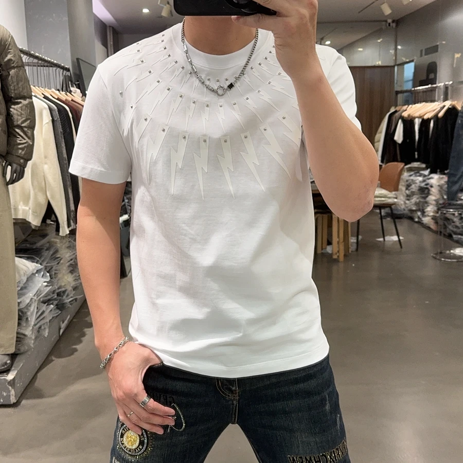 WNKC新款男士薄款短袖圆领半袖重磅柳钉潮流男半截袖T恤上衣欧货