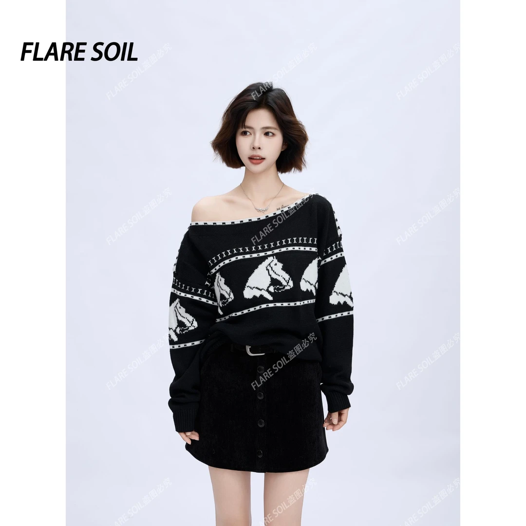 【FLARE SOIL】秋冬时髦摩登老钱风马匹提花针织毛衣 T40116A