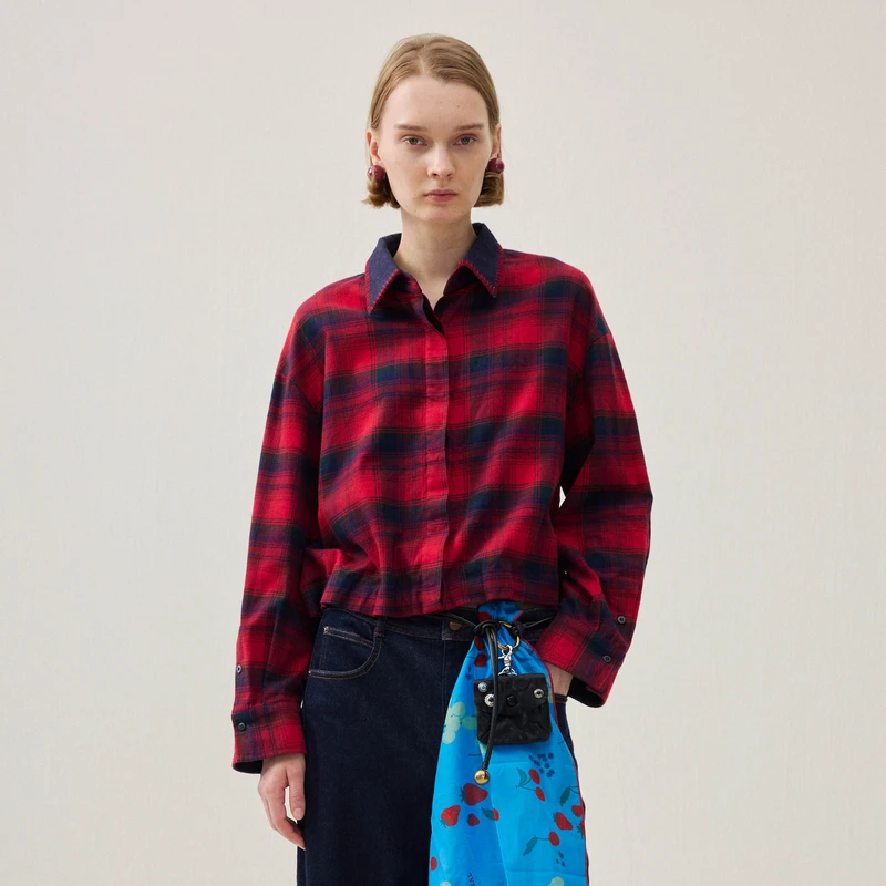 【专柜同款】谜底格纹衬衣长袖2025冬红格磨毛撞色衬衫女254MC1661