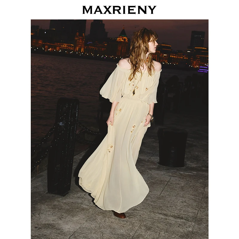 【主题纪念款】MAXRIENY半夏玫瑰长裙一字肩收腰连衣裙高级气质感