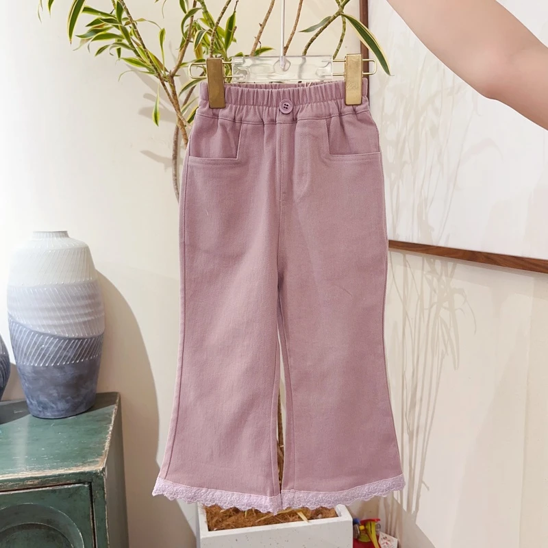 【云朵小葵】女童时尚纯色口袋方角蕾丝裤脚休闲裤1112966