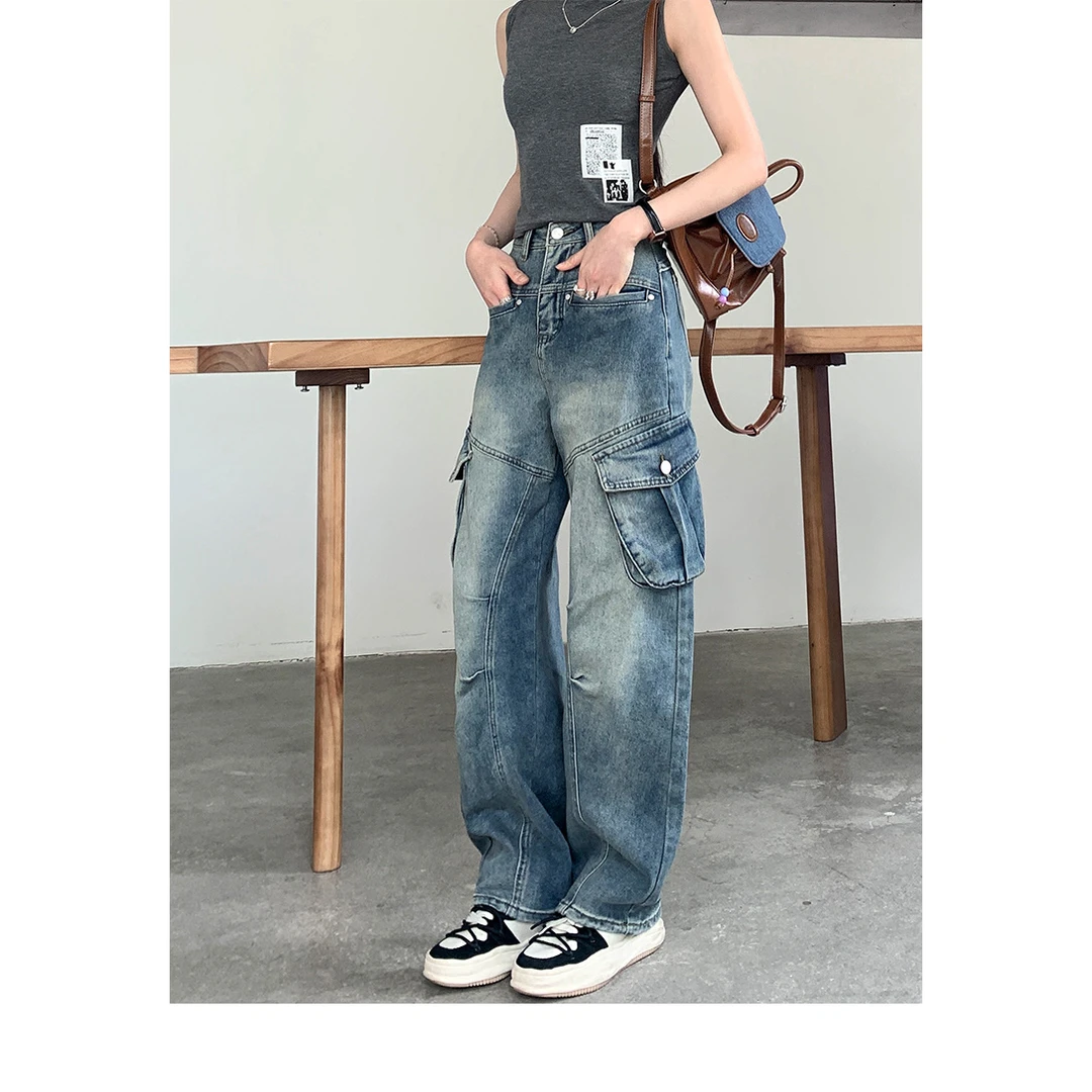 夏季宽松休闲工装裤口袋阔腿裤美式复古高腰显瘦纯欲慵懒风女装