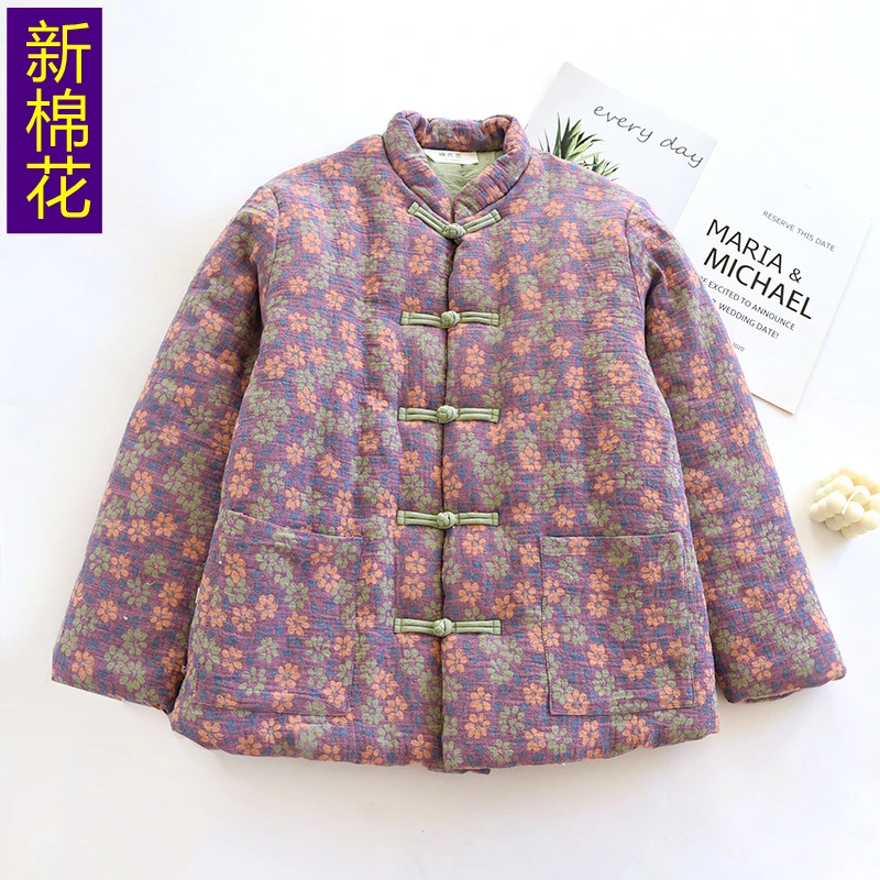 冬季女士全棉双层纱棉花棉衣加厚保暖棉袄手工棉服中式盘扣外套