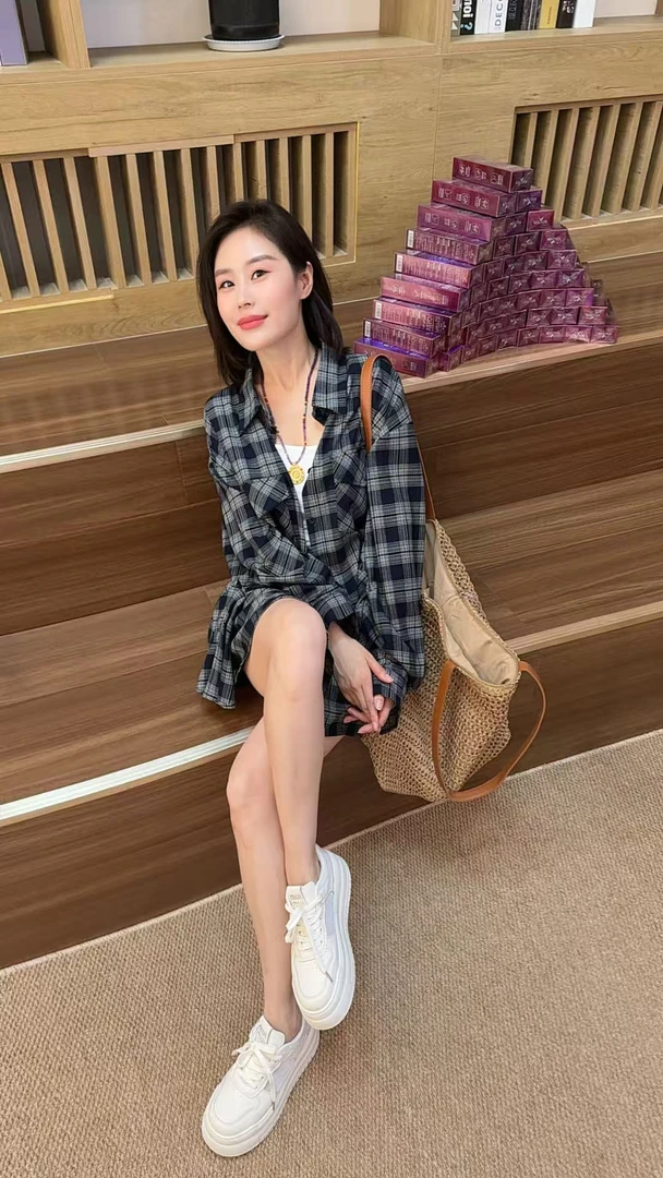 Miss huo  格子衬衫百褶半裙套装 A蓝色 1371