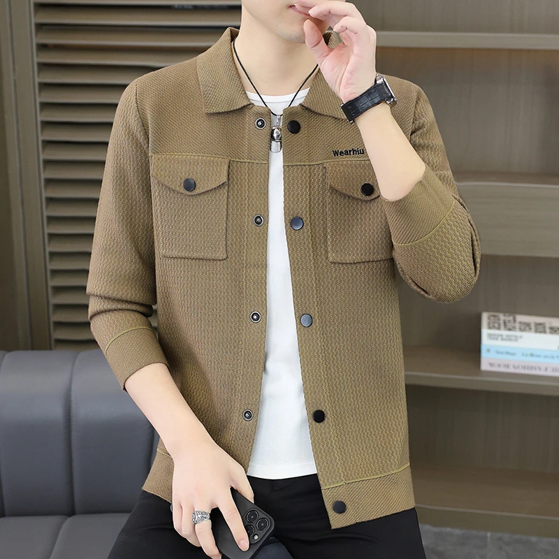 秋冬新款高档时尚开衫毛衣男休闲针织衫口袋青年韩版修身外套衣服