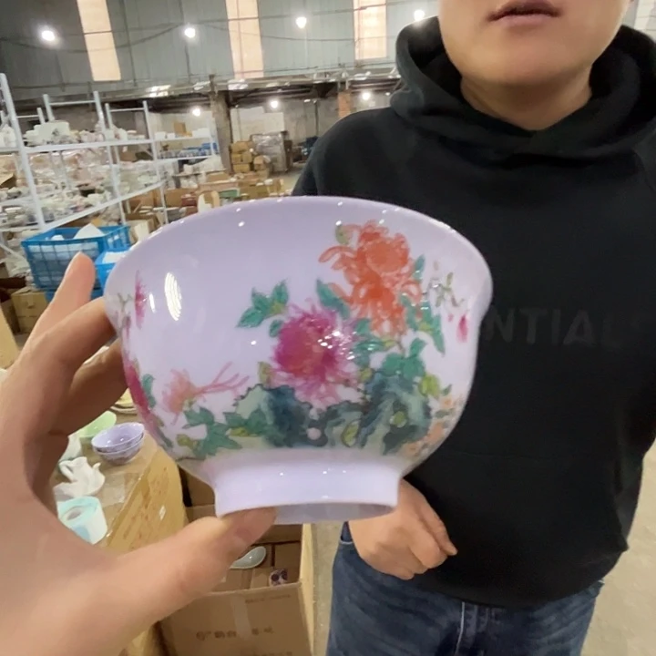 瓷片景德镇陶瓷紫嘻嘻蝶恋菊米饭碗