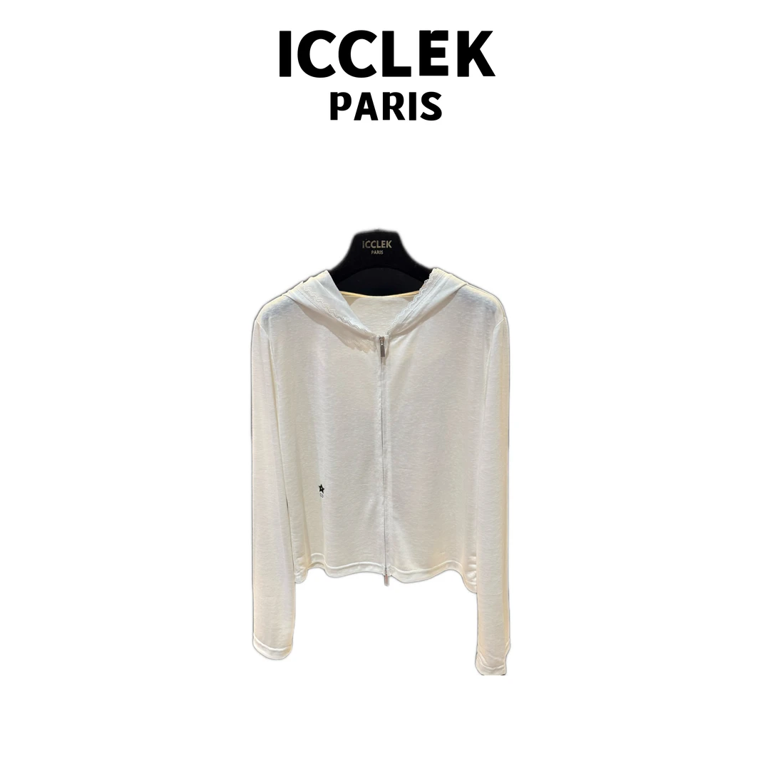 ICCLE 白色撞色连帽刺绣拉链长袖薄外套-5465