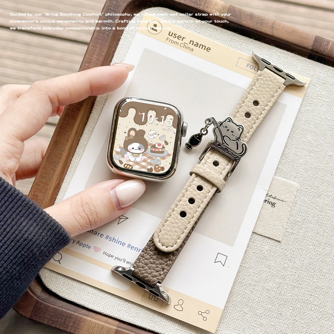 适用于applewatchs11表带皮质可爱小猫iwatch10代高级se秋冬棕女