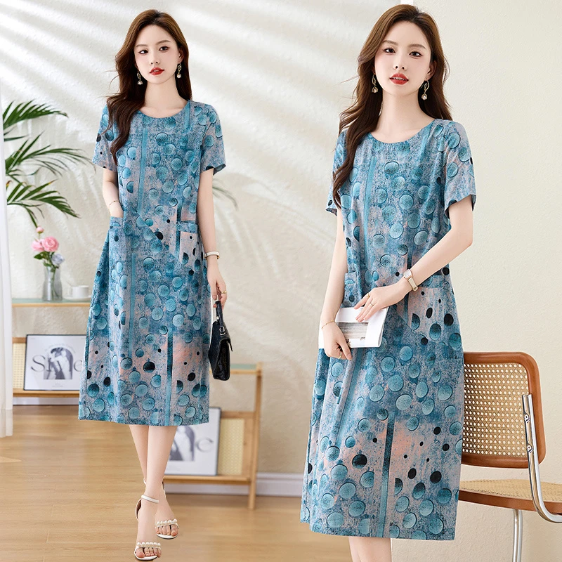 王小鸭印花连衣裙2025夏季新款民族风遮肚子显瘦洋气高端精致裙子