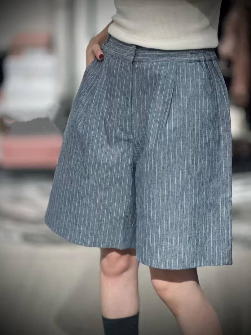 品质货！时髦精闭眼收！条纹中高腰牛仔亚麻阔腿中裤女短裤