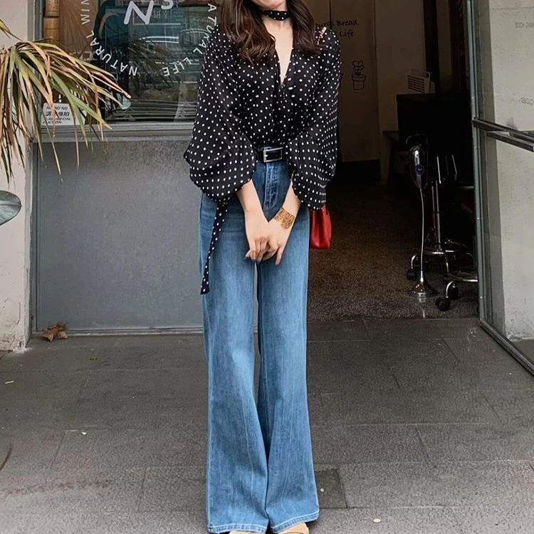 E法式气质波点v领飘带长袖衬衫女秋外搭轻奢高级感减龄洋气上衣