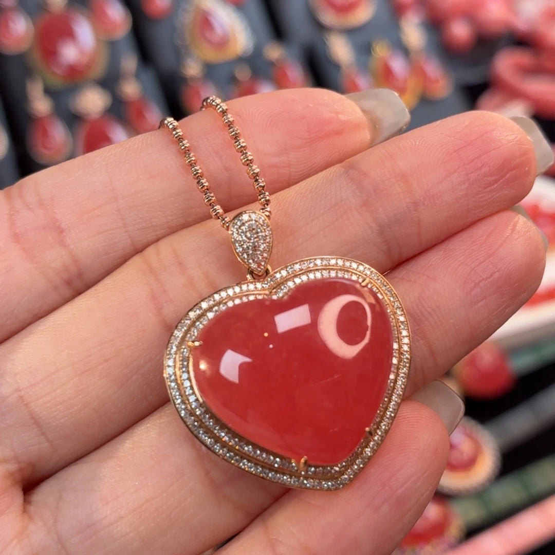 菱锰矿（红纹石）18K金镶嵌吊坠(不含链)