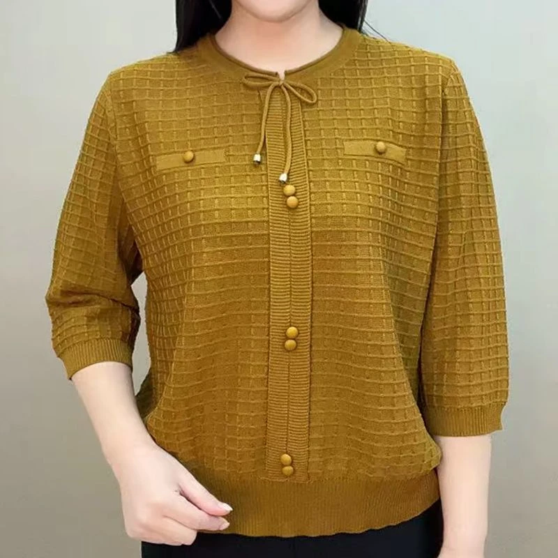 中年妈妈装气质时尚百搭套头圆领针织上衣高档系带七分袖减龄小衫