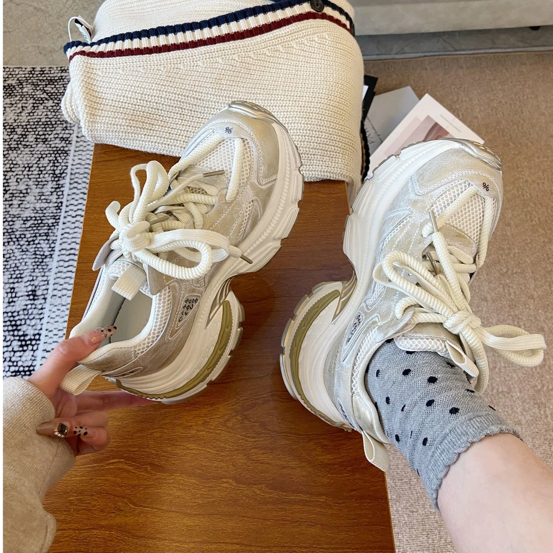 欧货松糕底老爹鞋圆头拼接韩版休闲女鞋2025早春款真皮厚底运动鞋