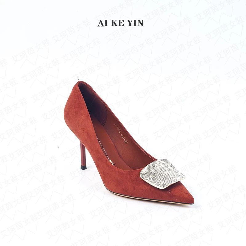 【艾珂茵】春夏季新款尖头方形镶钻扣气质百搭细跟高跟鞋绒面时尚