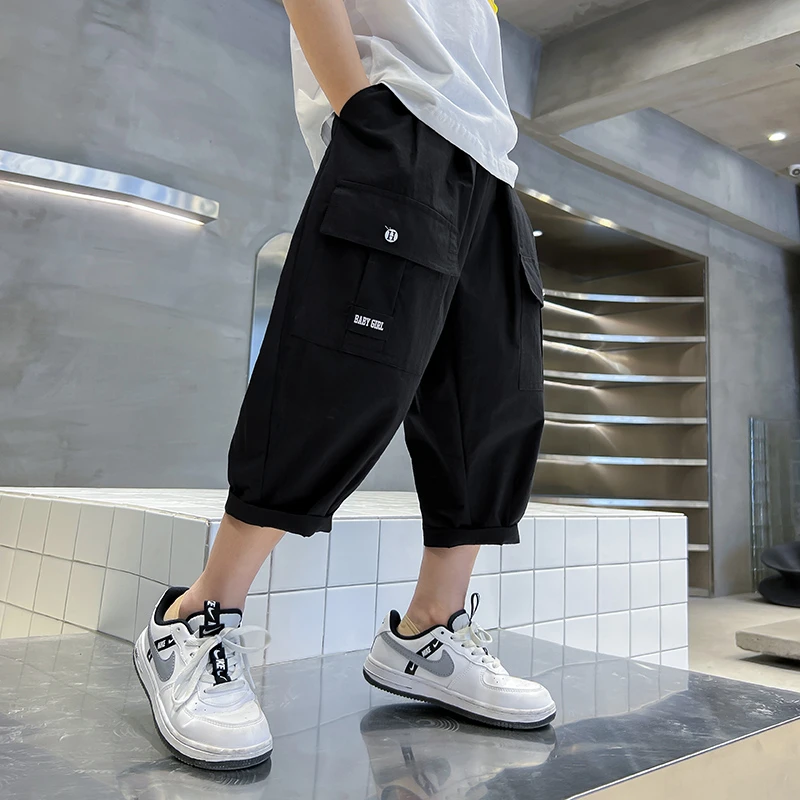 男童黑色薄款休闲裤夏季2025新款儿童夏装洋气七分裤男孩潮牌裤子