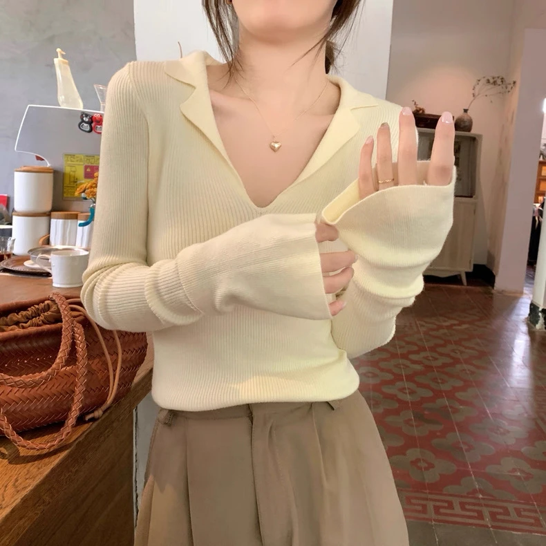 高级感螺纹polo翻领毛衣秋季新款V领法式内搭长袖打底衫上衣#3036