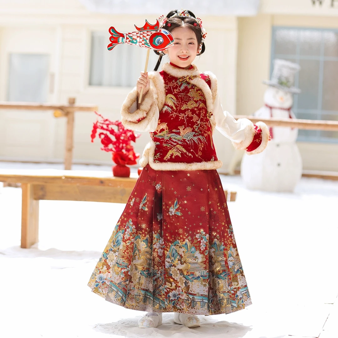 汉服女童马面裙加厚秋冬拜年服2025新款儿童新中式套装小女孩唐装