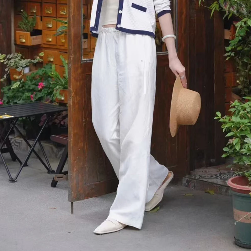 小禾原面料不染色2025夏季新款57%桑蚕丝+43%亚麻绢麻绸直筒裤女