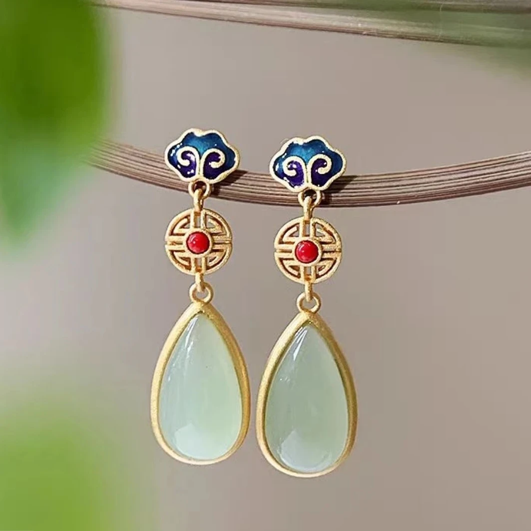 铜合金耳饰 新中式祥云水滴耳环轻奢复古气质高级古法耳饰