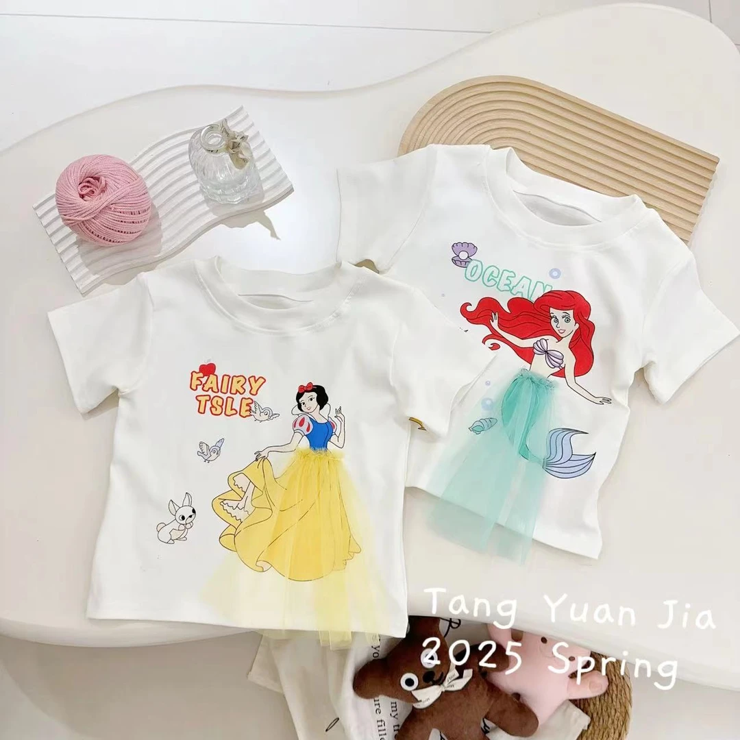 汤圆家的2025夏季新款韩系甜美卡通立体网纱拼接设计T恤 YA-1079