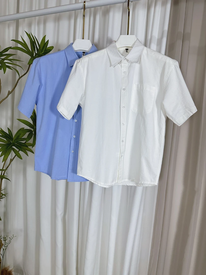 简约重磅纯色短袖衬衫男春秋新款条纹衬衣开衫纯色设计师翻领寸衫