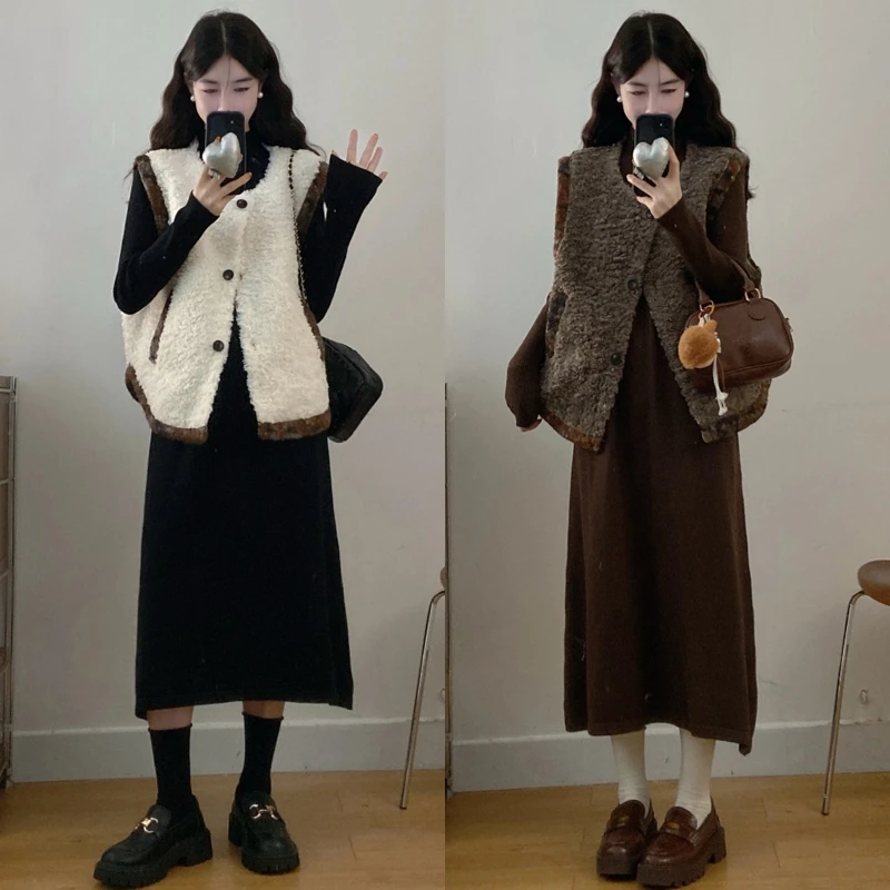 大码胖mm女装秋冬新款马甲外套+显瘦针织打底连衣裙两件套装女