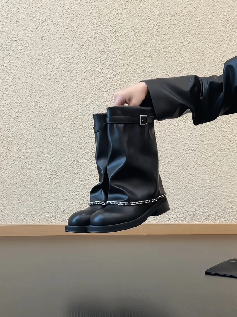 Pokoy-3cm高级感圆头皮带扣骑士靴小香风炼条套筒裤管靴