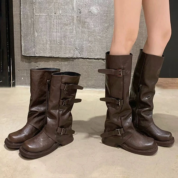 2025腿精担当！英伦风增高6cm皮带扣方圆头褶皱中筒骑士靴