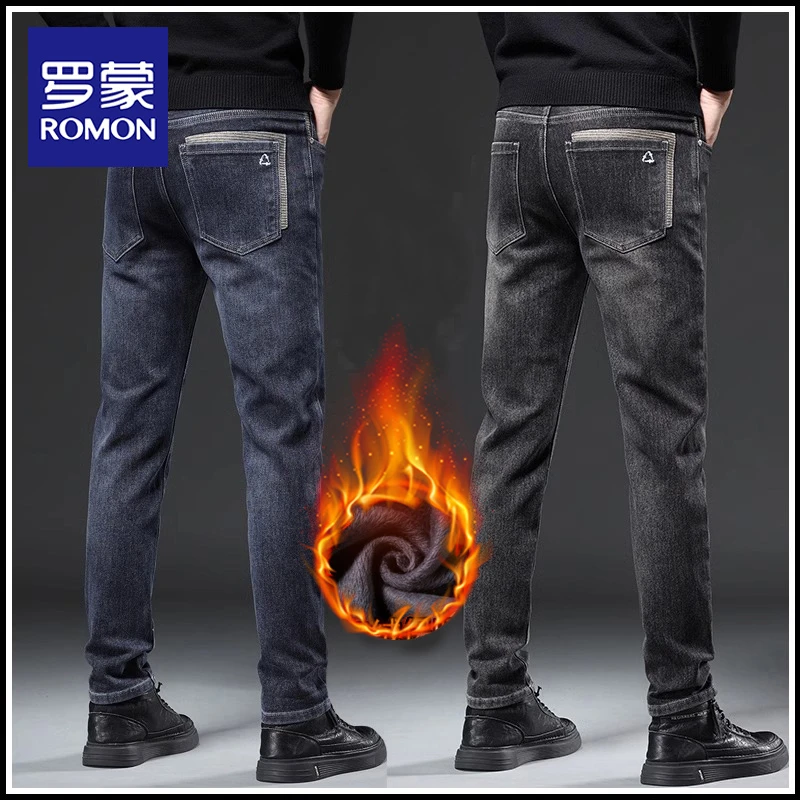 罗蒙高端牛仔裤男士秋冬季新款潮牌加绒加厚修身直筒休闲长裤子男