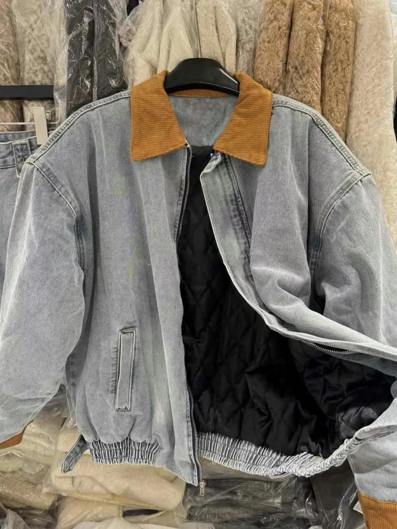 美式复古灯芯绒拼接牛仔单独外套女秋冬韩版宽松2888