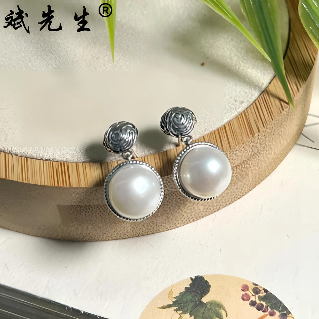 【斌先生】天然淡水珍珠 925银唐草纹耳钉